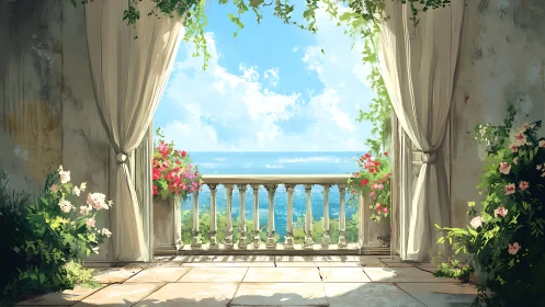 Balcony terrace with curtains overlooking distant seascape