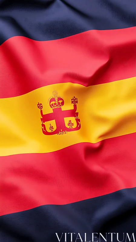 Horizontal tricolor state flag with stylized crowned heraldic seal