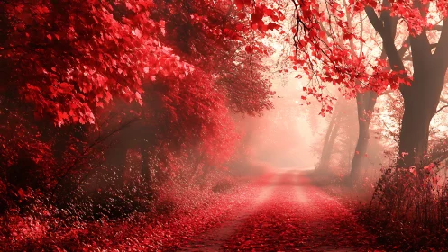 Forest path with dense red foliage in atmospheric light.