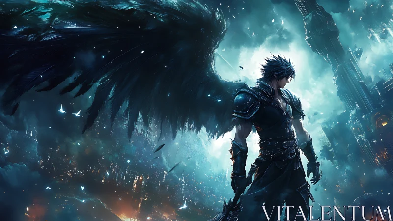 Stormwing guardian broods above a neon-shattered sky city.