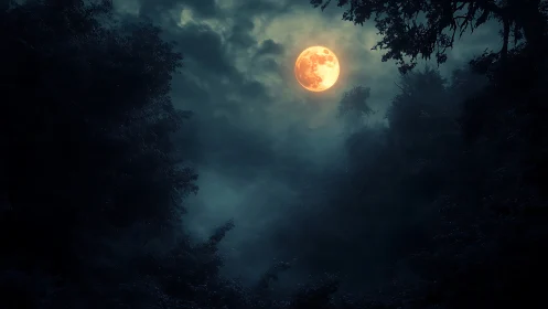 Moonlit forest hush under a glowing midnight lantern sky.