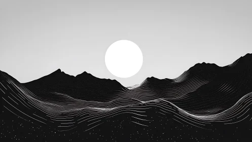 Monochrome sun over line-rendered mountainous terrain profile