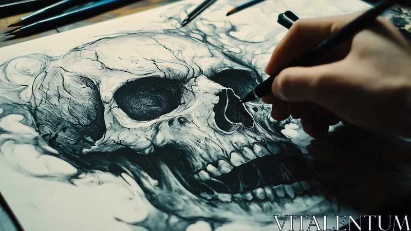 Skull sketch in swirling ink, captured mid-creation.
