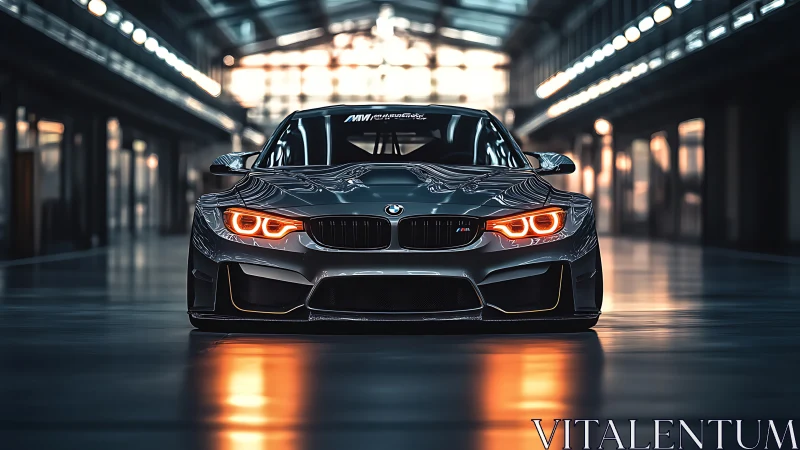 BMW sports car with glowing headlights in modern garage.