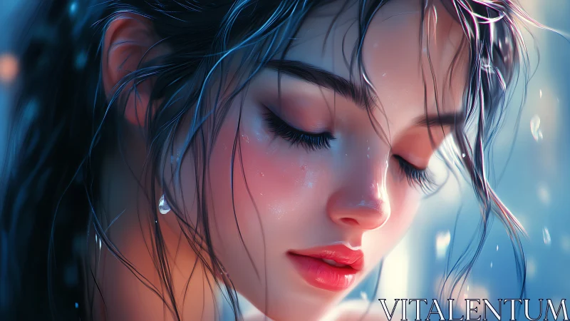 Rainlit portrait of serene woman with glistening skin.