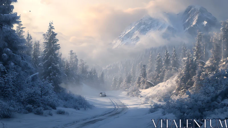 Solitary van drifts through dawnlit snowbound mountain hush.