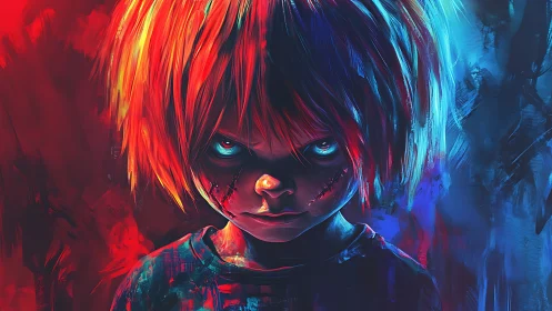Sinister child portrait under neon red and blue light.