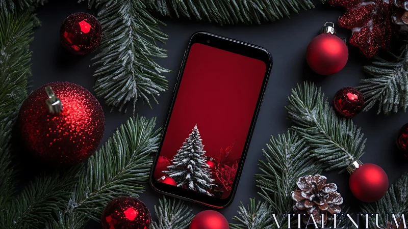 Smartphone with Christmas decor and red festive ornaments.