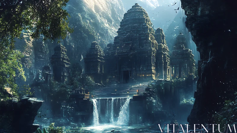 Temple citadel of waterfalls in mist-bound emerald canyon.