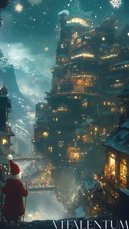 Snowy cliffside city glows with magical Christmas lights.