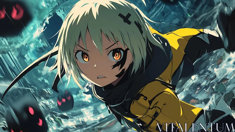 Brave anime hero dashes through a storm of shadow spirits.