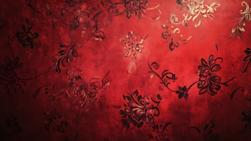 Red ornamental wall shows dark floral patterns with gold highlights