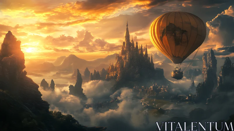 Golden airship over sunset castle in misty mountains.