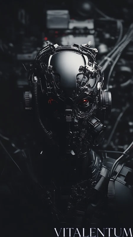 Cybernetic android head in dark mechanical environment.