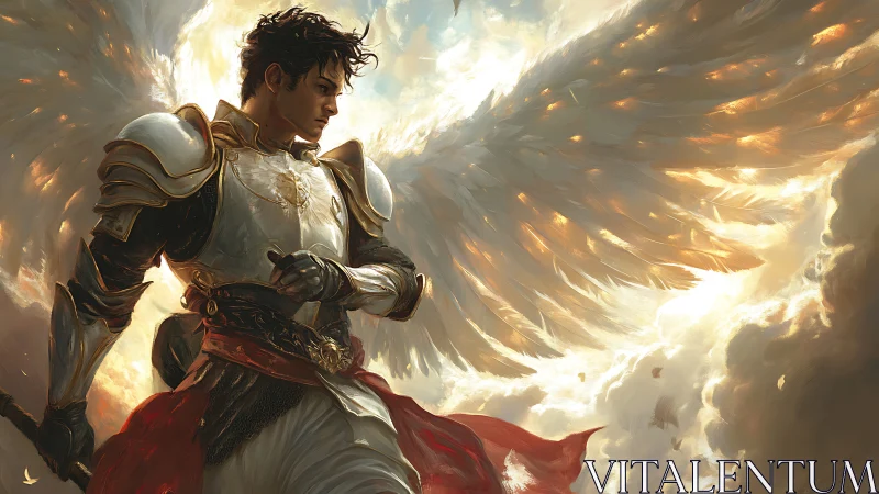 Radiant winged knight poised in blazing celestial storm.