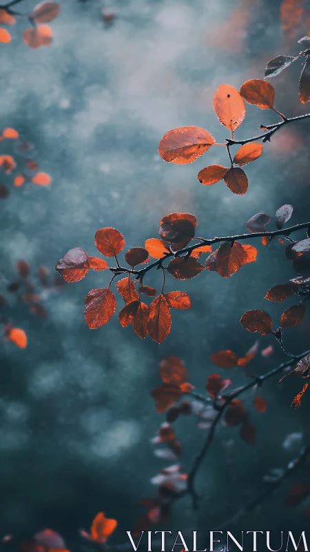 Red autumn leaves on branch against soft blue bokeh background.