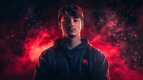 Portrait of young man in hoodie amid red smoke field.