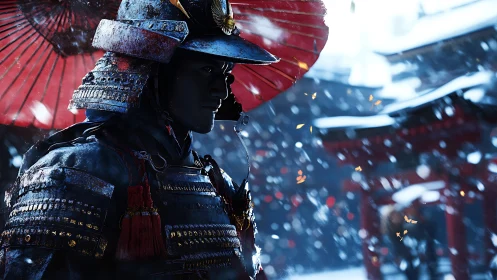 Samurai in snowy temple courtyard holding red umbrella.