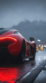 Red supercar idles in rain with glowing tail lights.