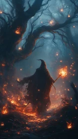 Cloaked ember mage wandering through a smoldered ghost forest.