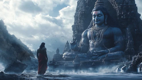 Colossal Shiva sculpture dominates misty canyon shrine.