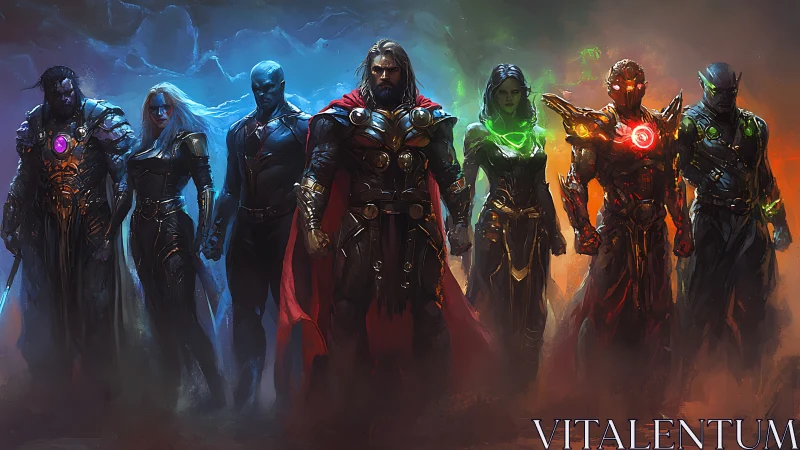 Elemental guardians stride through neon-lit cosmic storm.