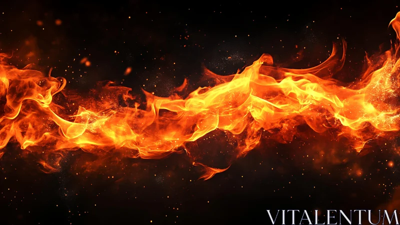 Vibrant Fiery Flame Across Black Background, Digital Art Style.