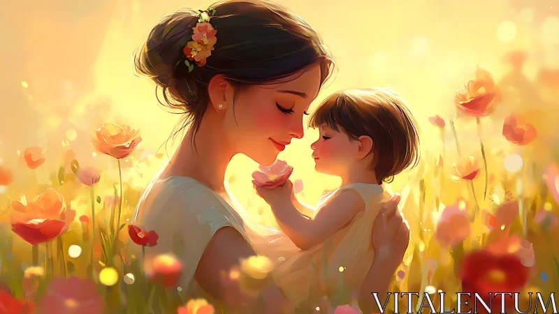Golden Hour Bloom: Mother & Child in Floral Reverie.