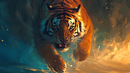 Powerful tiger charging through glowing water at dusk.