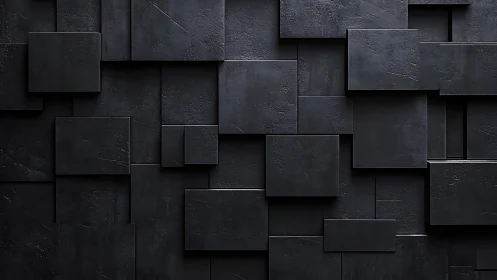 Dark geometric panel wall with layered square blocks.