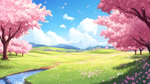 Chromatic spring meadow with stylized sakura tree canopy.
