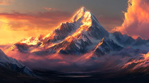Sunlit snow peaks rise above misty valley in vivid dusk light