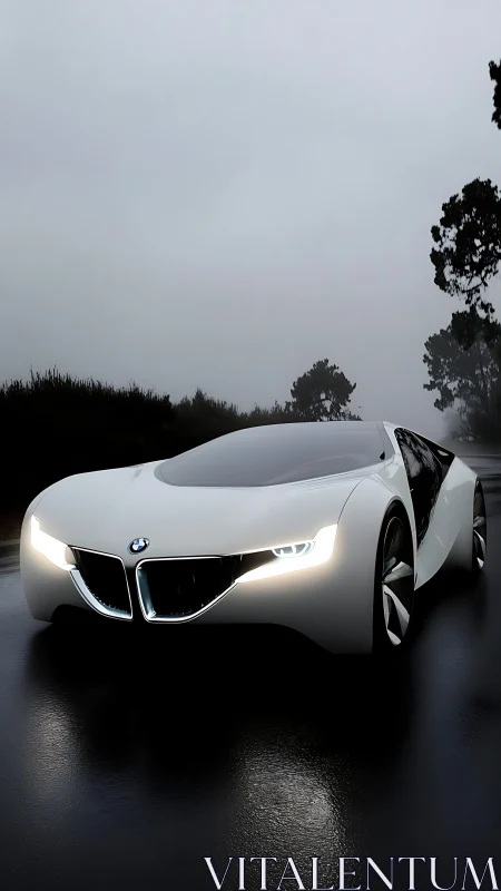 Futuristic white concept car glides along wet foggy highway