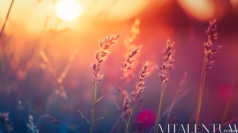 Backlit meadow grasses under vivid sunset bokeh glow.