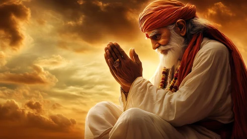 Elderly sage in prayer against glowing sunset sky.