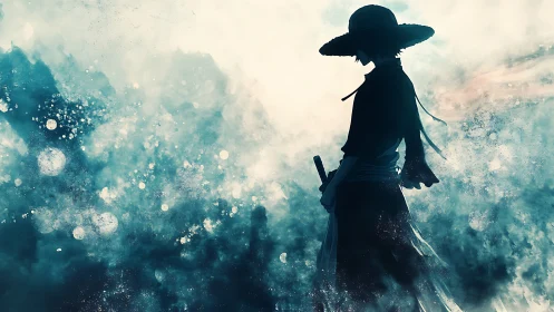 Silhouetted samurai figure in misty blue abstract scene.