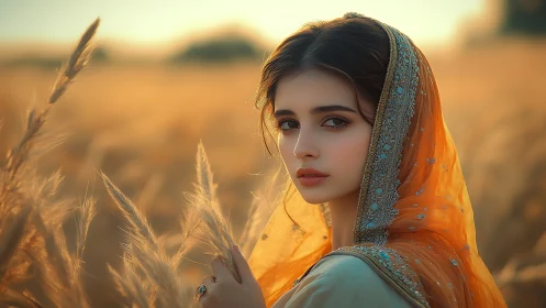 Woman in embroidered orange veil standing in wheat field