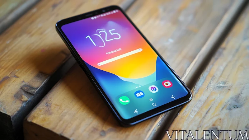 Smartphone on wood surface displaying colorful gradient lock screen.