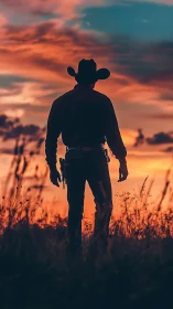 Silhouetted cowboy figure against vivid sunset sky.