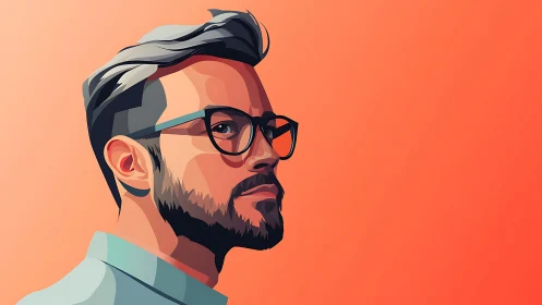 Stylized male portrait with glasses on orange gradient background.