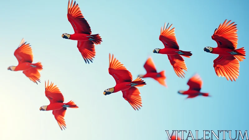 Vibrant Scarlet Macaws in Flight Against Clear Blue Sky, Realistic Style.