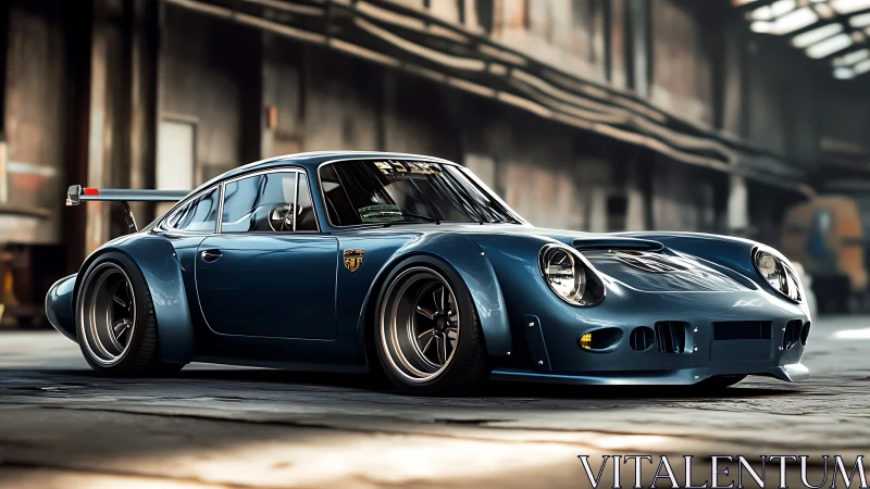 Retro racer prowls an industrial hall in steel blue armor.