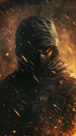 Masked commando amid blazing embers in cinematic rainstorm.