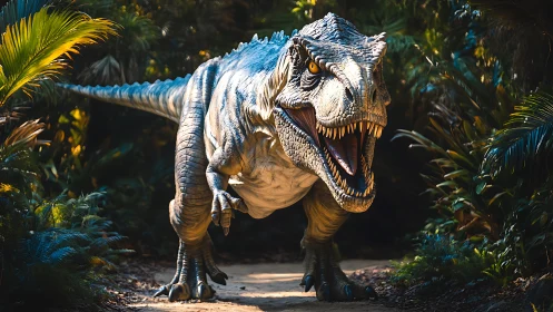 Large theropod dinosaur model stands on forest pathway