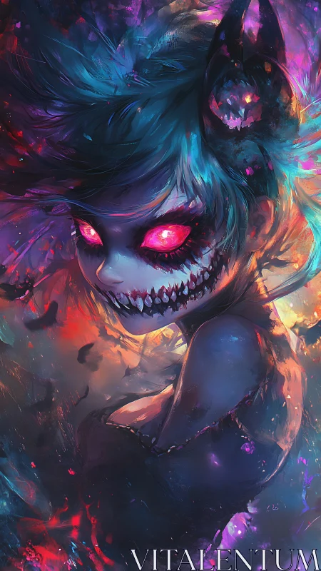 Demonic neon-eyed girl emerges in chaotic spectral blaze.