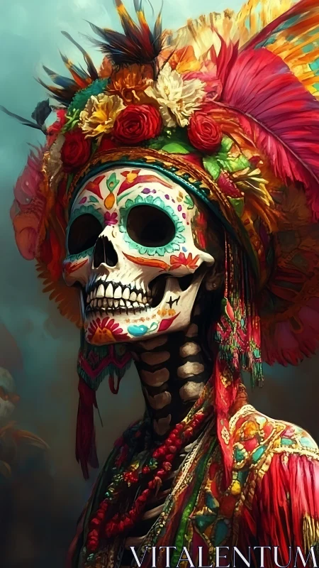 Vibrant D&iacute;a de Muertos skeleton in radiant festival finery.
