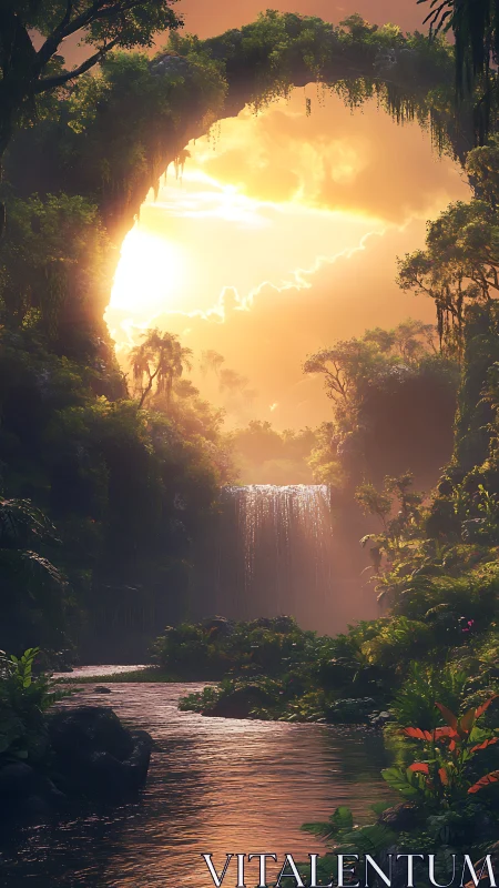 Sunlit jungle waterfall cradled by lush emerald cliffs.