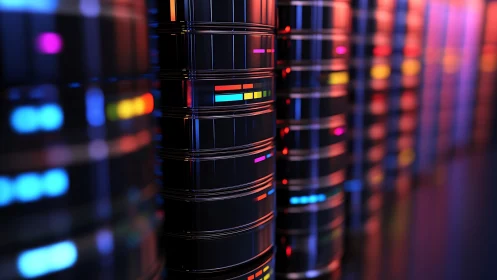 Neon data storage stacks glow with dynamic spectrum bands.