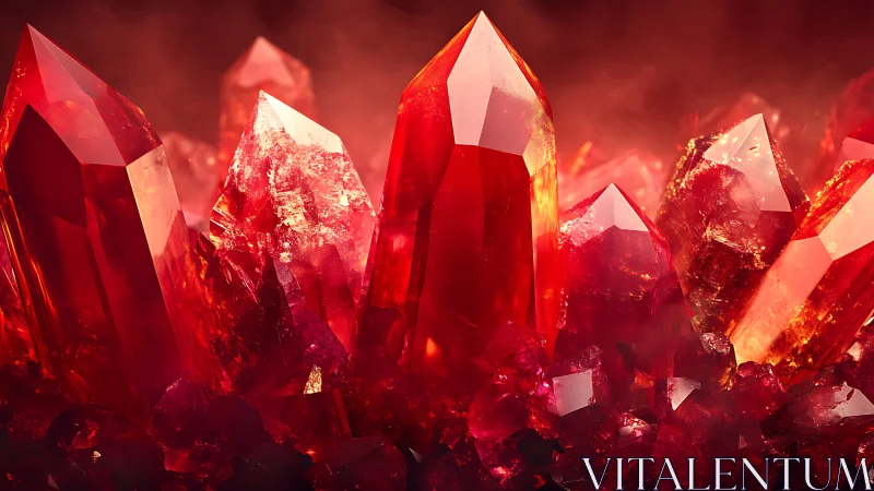 Luminous red crystal cluster glows through dense ambient haze