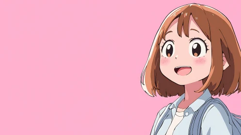 Cheerful cel shaded anime portrait on flat pastel background.